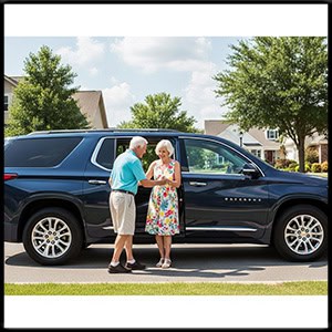 Older couple slowly getting into a chevy travers mini van with all the doors closed