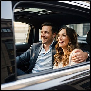 Smiling couple dressed casually sitting in a modern black town car