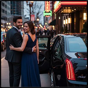 Smiling couple walking away from a black modern town car 2