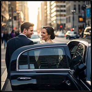 Smiling couple walking away from a black modern town car