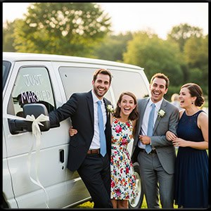 Wedding guests standing around a 2010 white ford Econoline van smiling and laughing