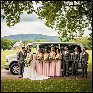 Wedding party standing by a white 2010 Ford Econoline E350 van