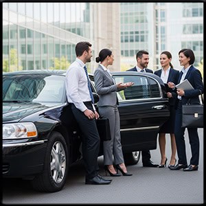 a group of business men and women standing by a Modern black town car
