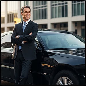 a happy smiling business man standing next to a modern black town car