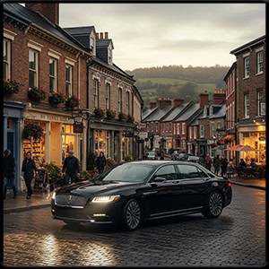 a modern black town car driving through a cozy small town