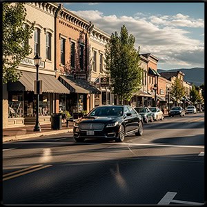  a modern black town car driving through a small town