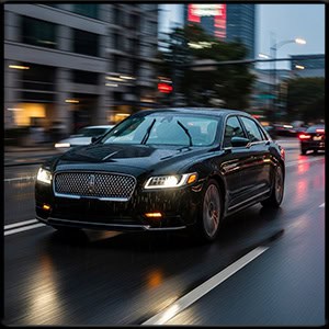 a modern black town car driving 