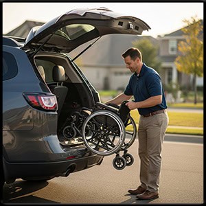 a private ride driver folding up a wheel chair and putting it in the back of a 2014 traverse mini van