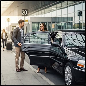 couple at the airport getting into a modern black town car