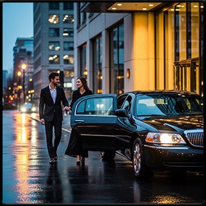 couple walking towards a modern black town car