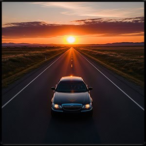 drone shot of a modern black town car driving into the sunset