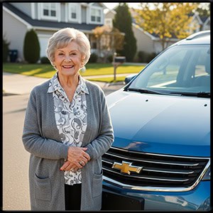 elderly woman smiling next to a blue 2014 traverse mini van