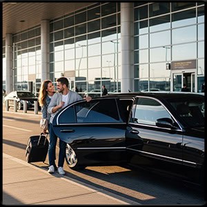 happy couple standing by a modern black town car out side an airport