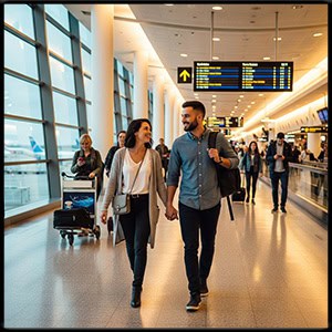 happy couple walking through an airport