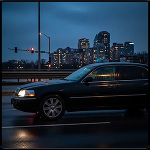 late night modern black town car driving towards a small city