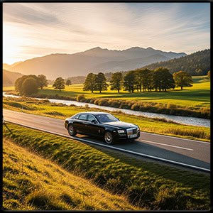 modern Black town car driving through the countryside