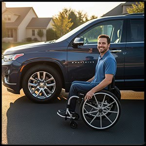 smiling man in a wheel chair next to a chevy travers mini van with all the doors closed
