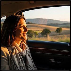 smiling women in the back of a modern black town car looking out the window as it drives through the countryside.