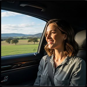smiling women in the back of a town car looking out the window as it drives through the country.437Z