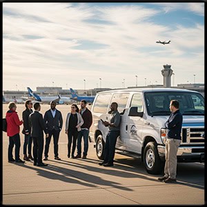 A group of people standing by an white F350 econoline van at the airport