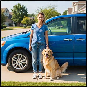 A smiling woman and a dog standing next to a blue minivan