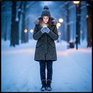 A woman standing in the snow looking at her phone