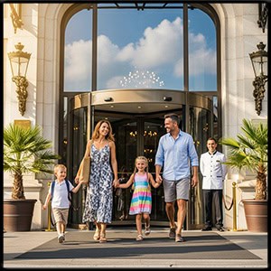 Happy family walking into a hotel