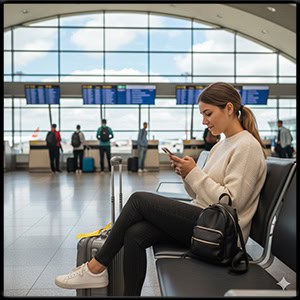 Woman looking at her phone at the airport