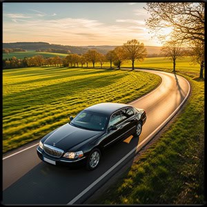 a modern black town car driving in the country