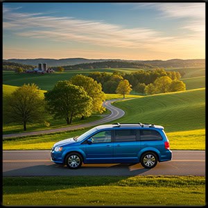 blue minivan driving in the countryside