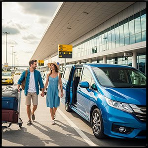 happy couple walking to a blue minivan at the airport