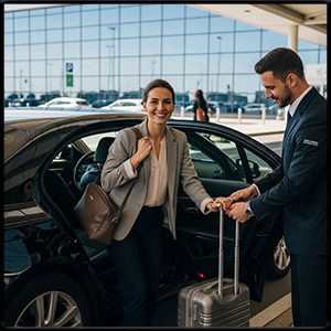 happy customer of a private ride service to the airport