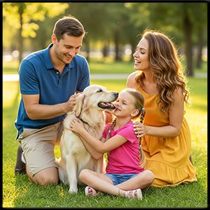 happy family petting a dog