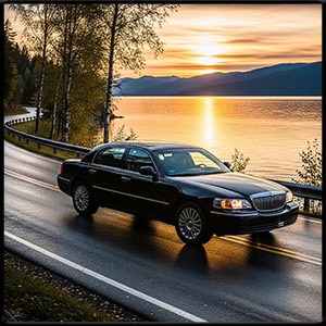 modern black town car driving along a lake