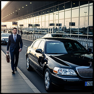 Man walking to a modern black town car at the airport