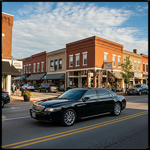 modern black town car driving in a small town main street