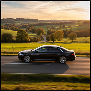 modern black town car driving in the country