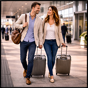 Happy couple at the airport