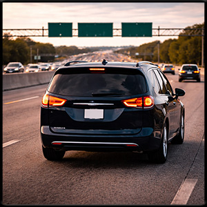 Mini van view from the back on the freeway