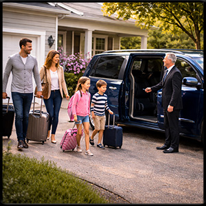 mini van picking up family at there home to go to the airport